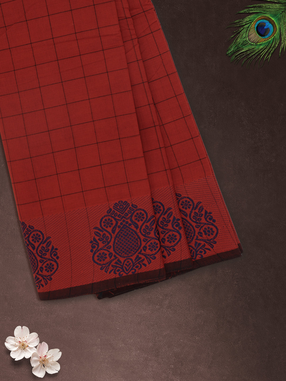 Women Red Checks Pure Chettinad Cotton Saree PCS234