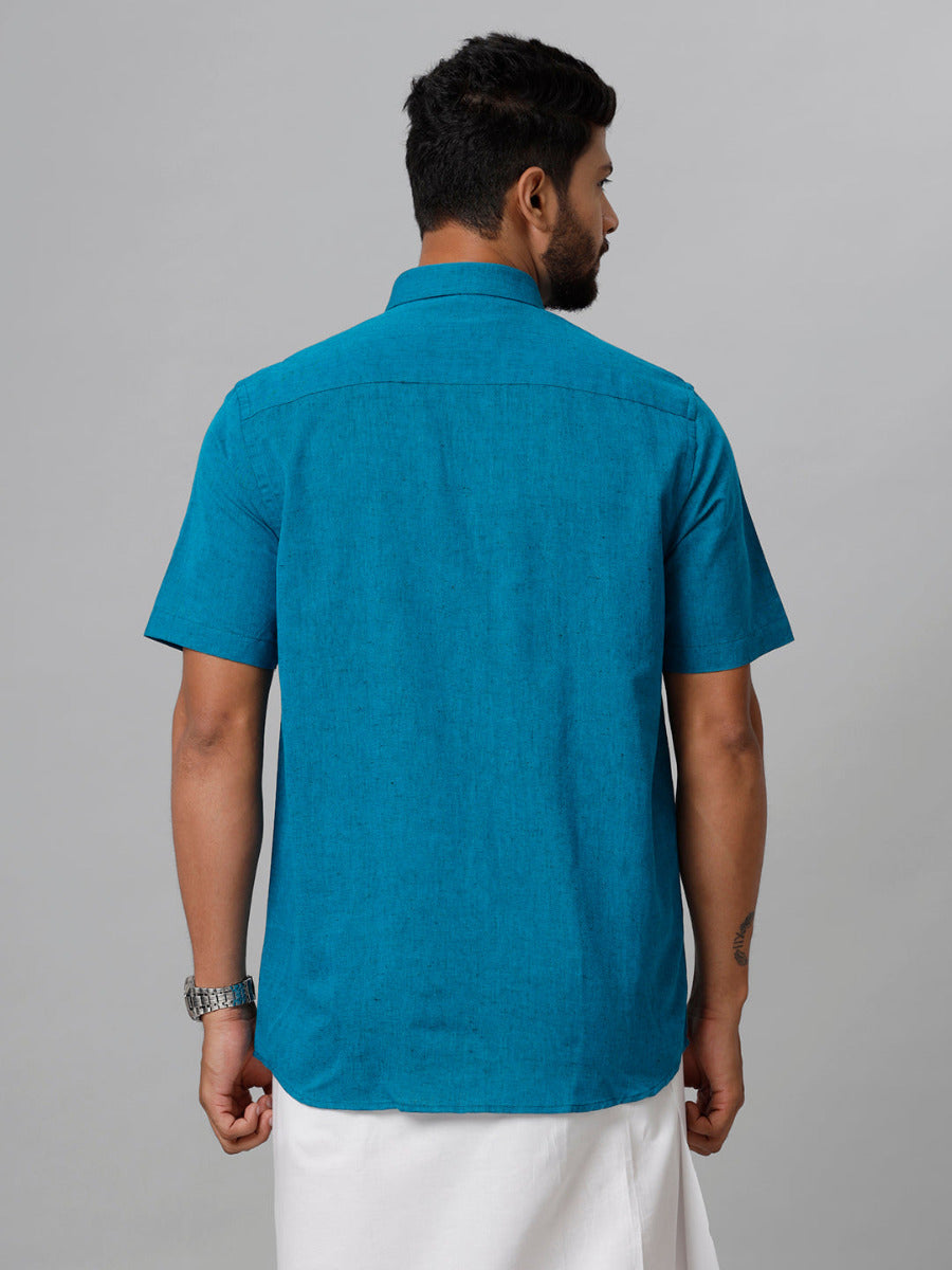 Mens Linen Cotton Formal Peacock Blue Half Sleeves Shirt LF13-Back view