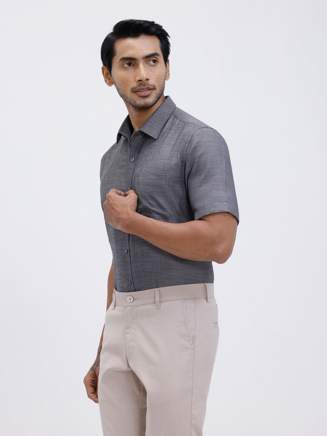 Men Cotton Rich Half Sleeve Shirt Grey Black Dobby T59 AIT5