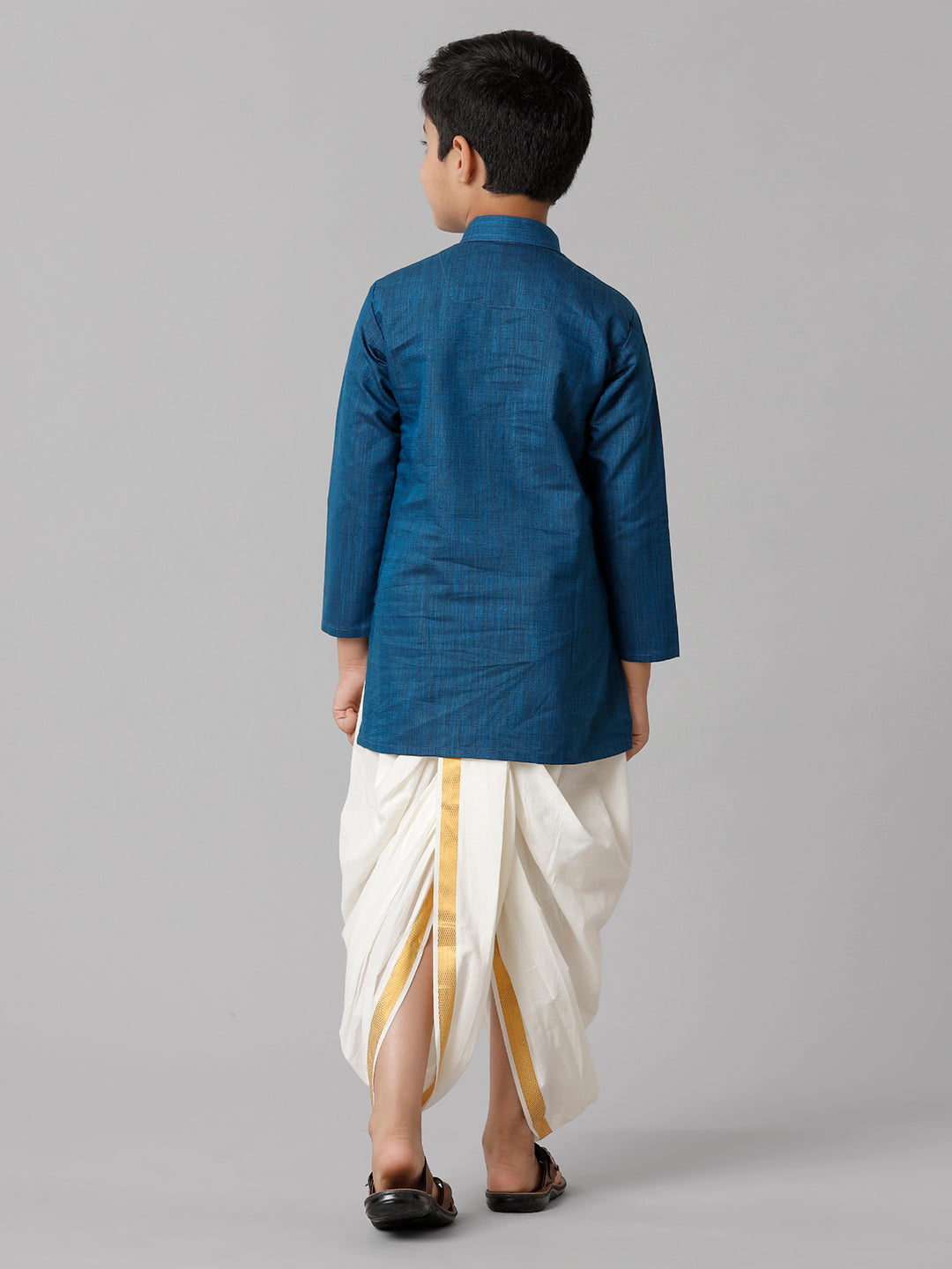 Boys Cotton Navy Kurta with Cream Elastic Panchakacham Combo FS8-Back view