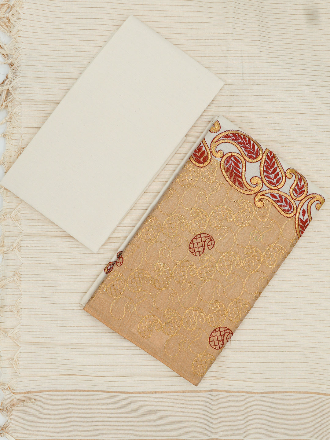 Women Kerala Style Cream Embroidered Cotton Dress Material DM364
