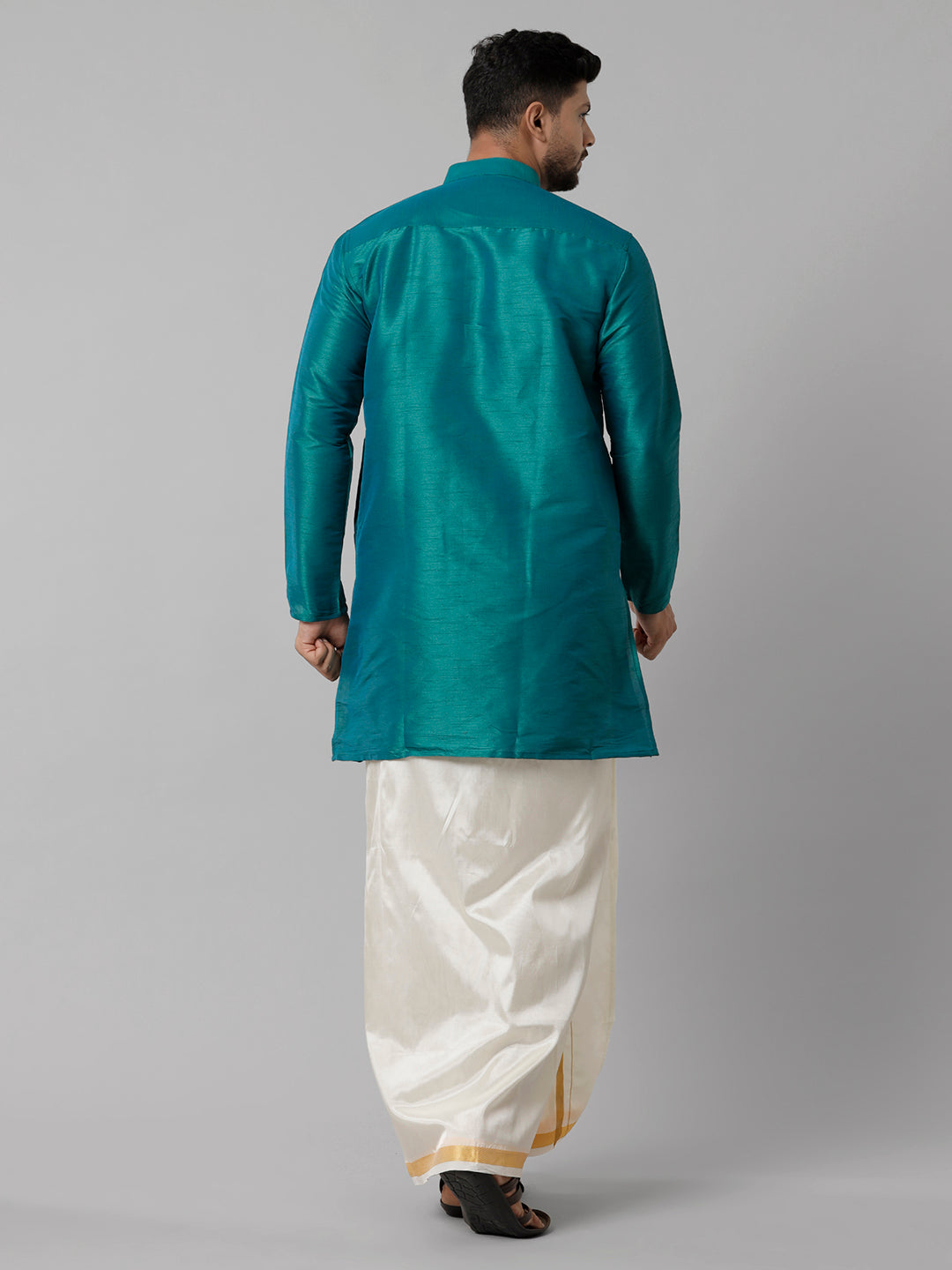 Mens Polyster Dark Green Medium Length Kurta with Art Silk Jari Dhoti Combo SL04-Back view