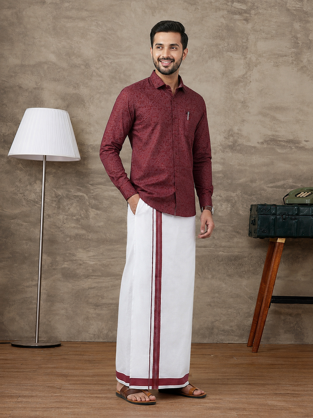 Cotton Rich Deep Red Printed Shirt with Matching Border Dhoti Set PS22