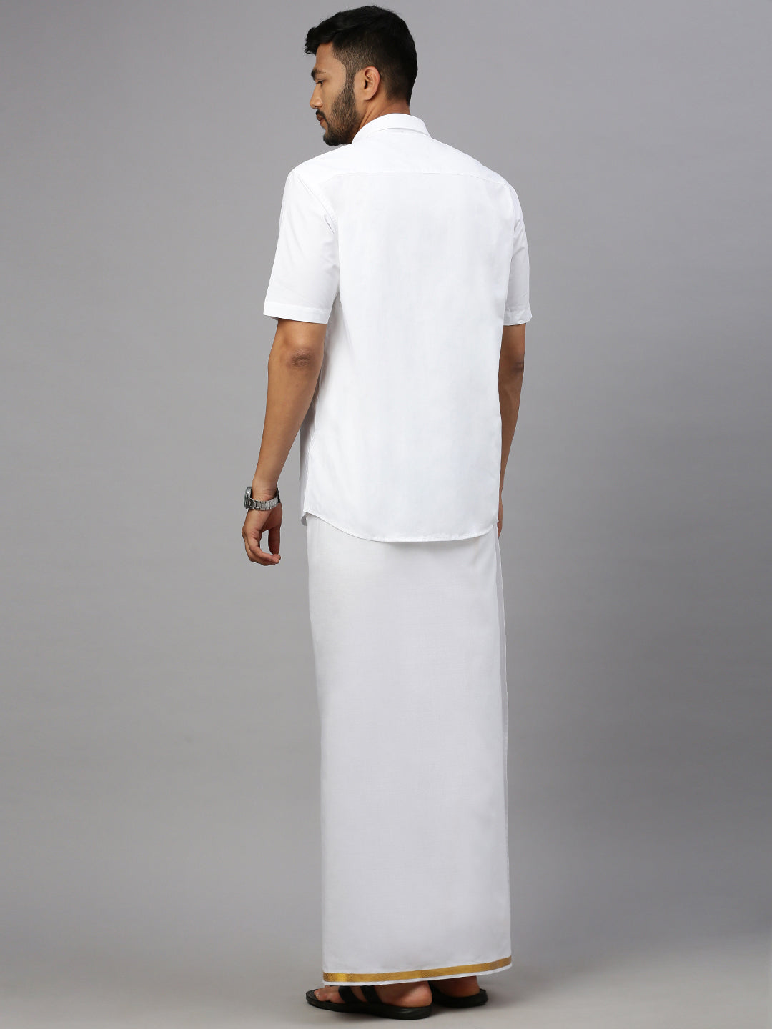 Men Cotton Blend Single Layer White Dhoti with 3/4" Gold jari Border Silver Sun