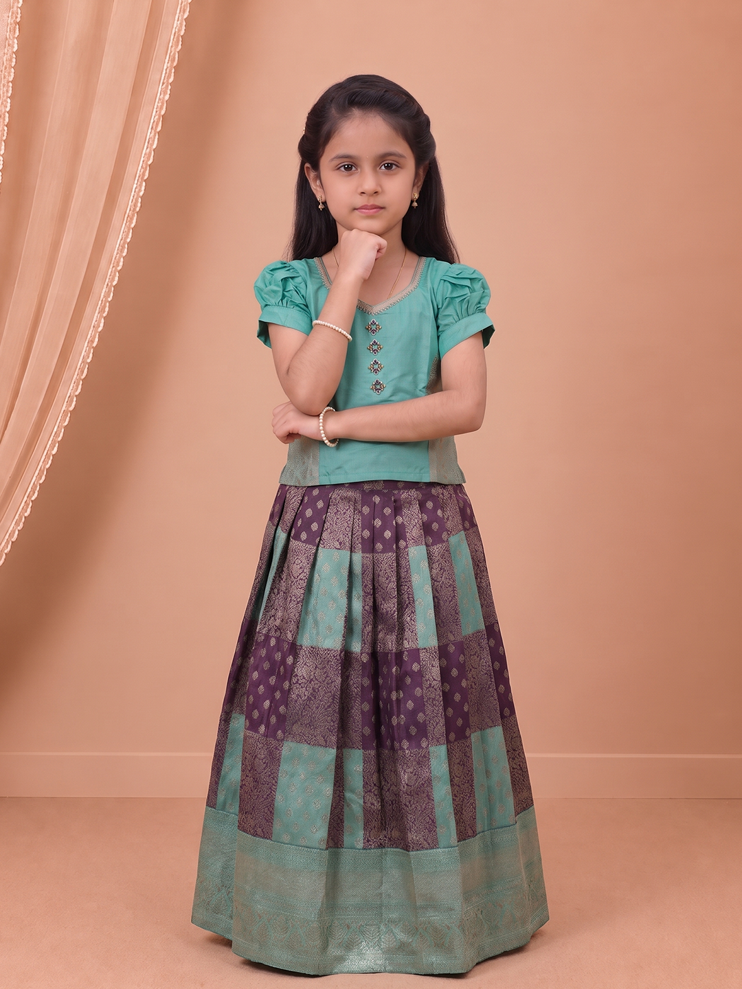 Girls Art Silk Turquoise Blue with Dark Violet Pattu Pavadai Set GPS83