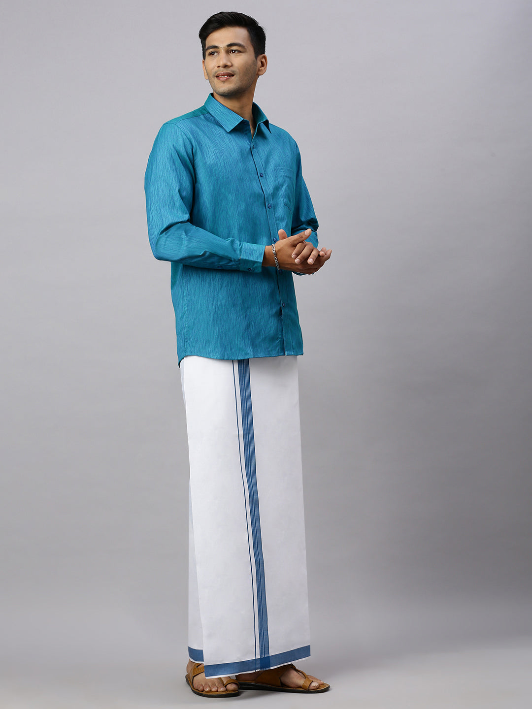 Men Peacock Blue Matching Border Dhoti & Full Sleeves Shirt Set CV6