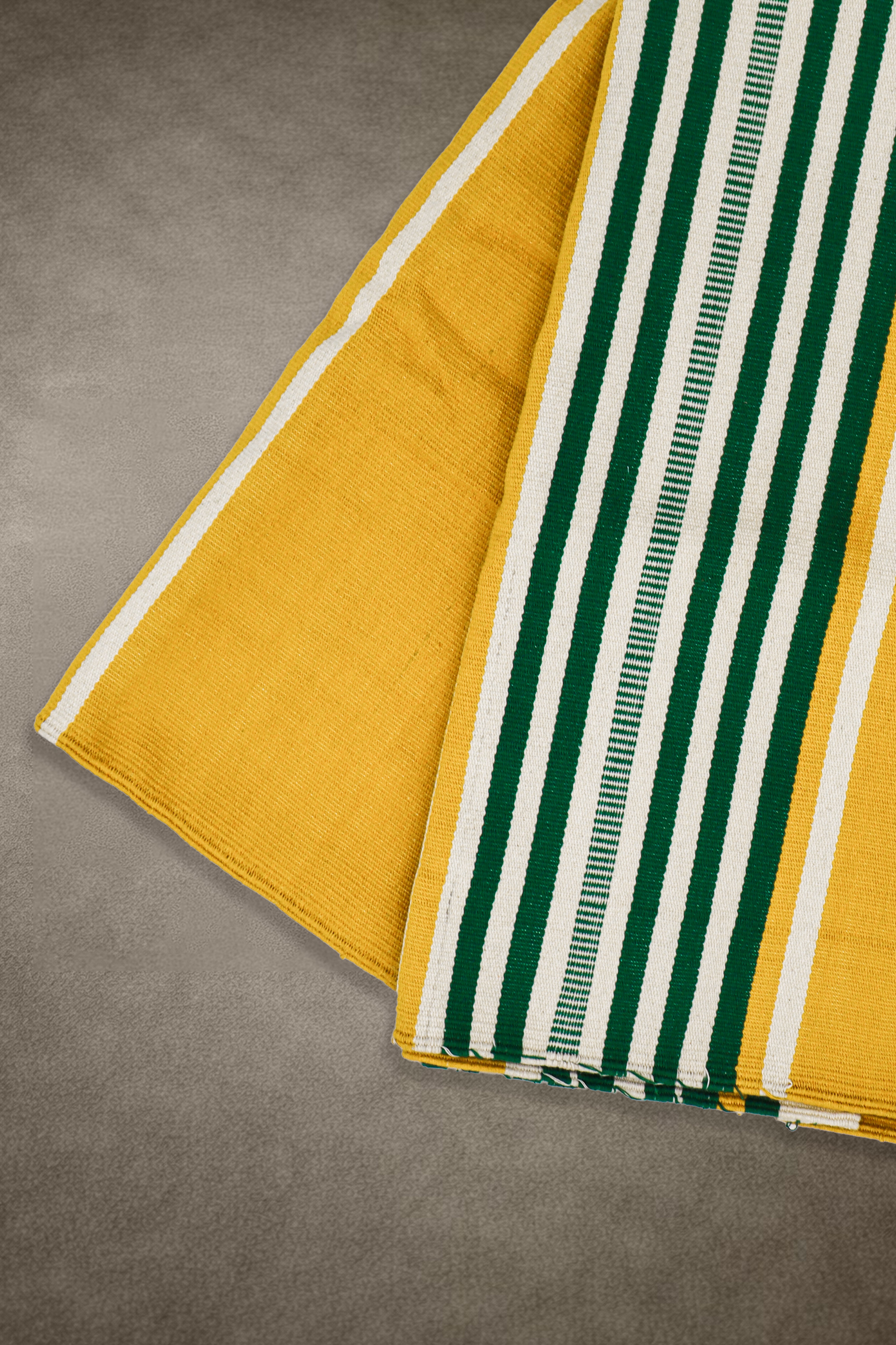 Bhavani Jamakkalam / Handwoven Cotton Carpet Yellow Base with White & Green Stripes (3.25 ft × 6.5 ft)
