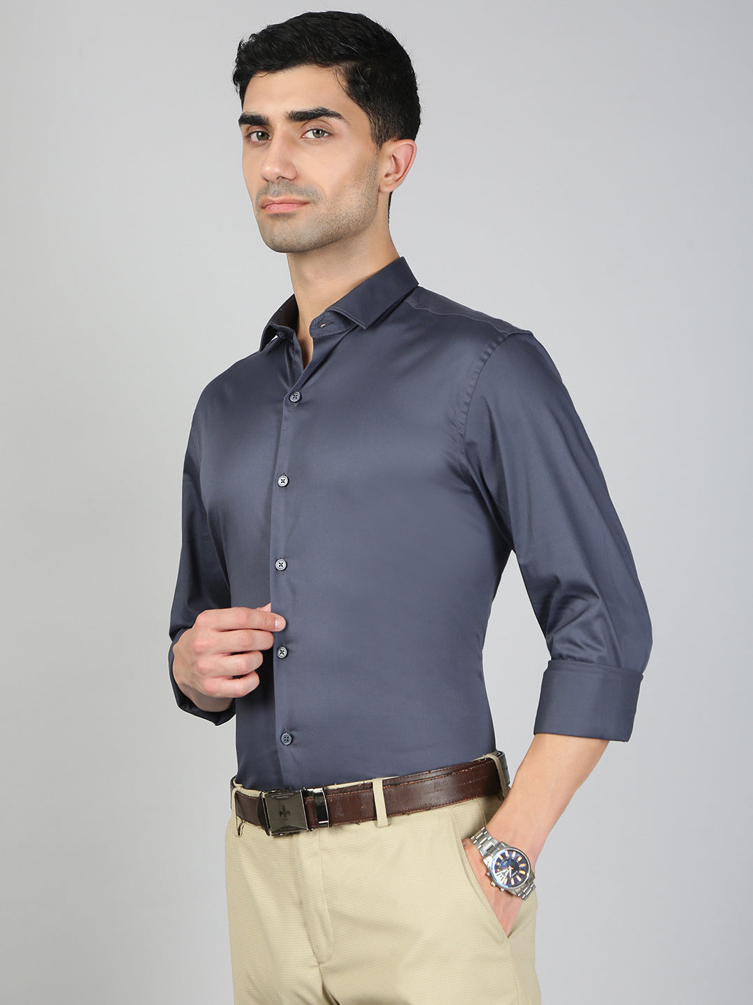 Men Stretch Cotton Shirt Greyish Blue FS31