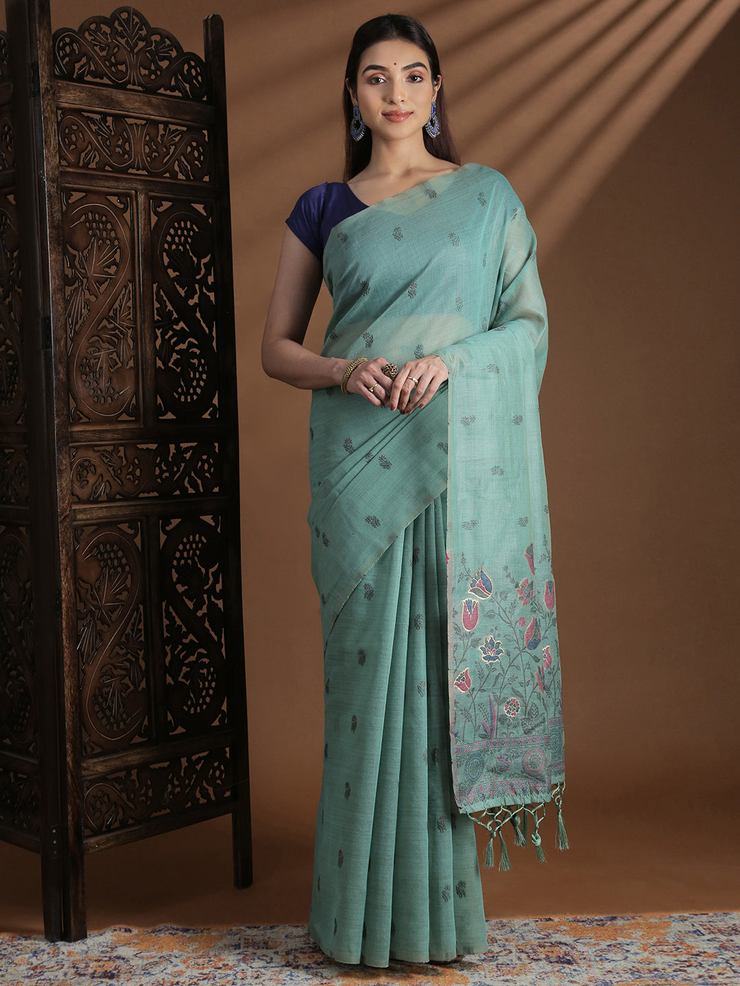 Women Sea Green Cotton Weaving Saree PCS256