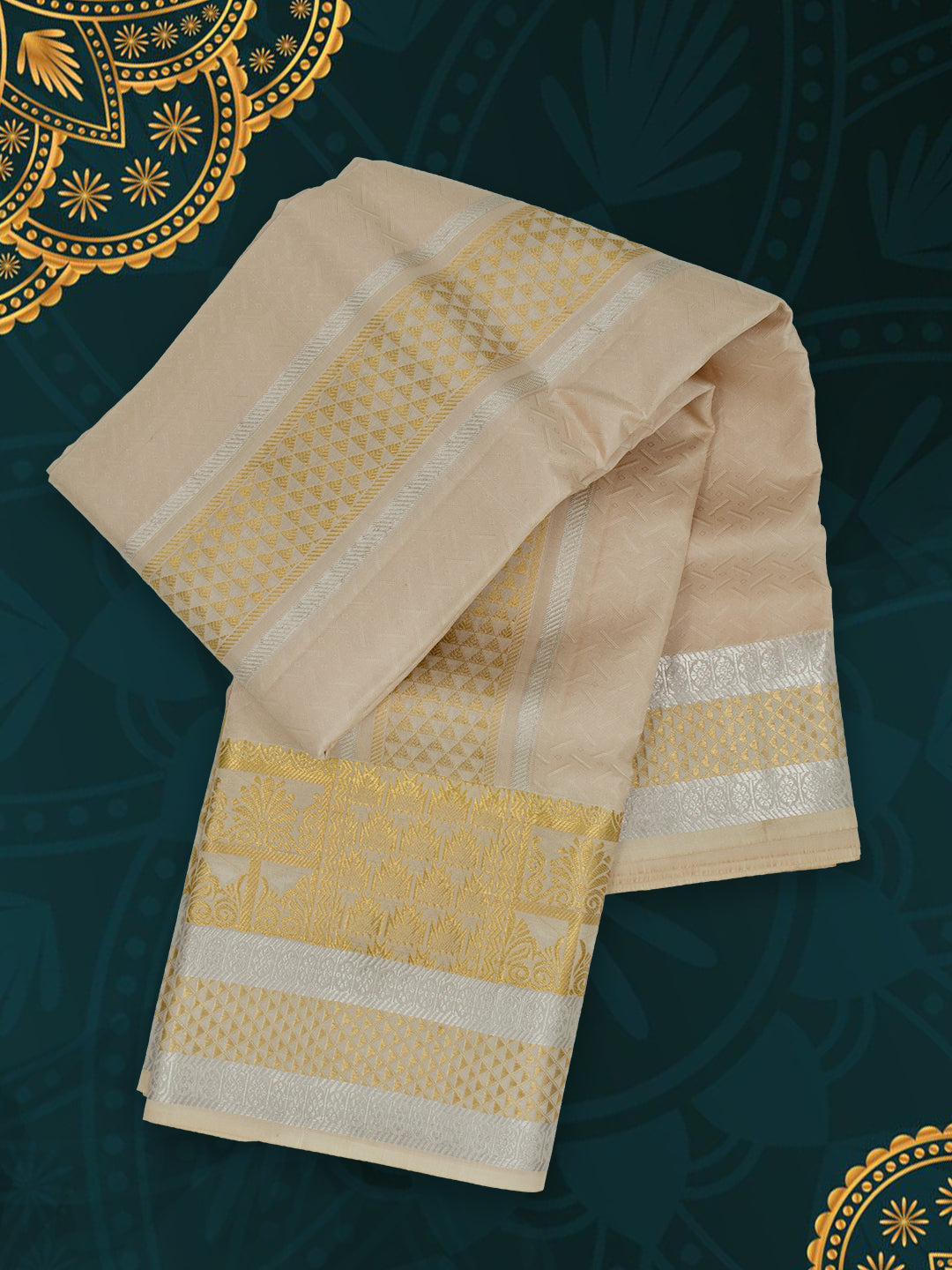 Men Pure Silk Light Peach Dhoti & Towel Set with 4" inch Fancy Jari Border TKC10