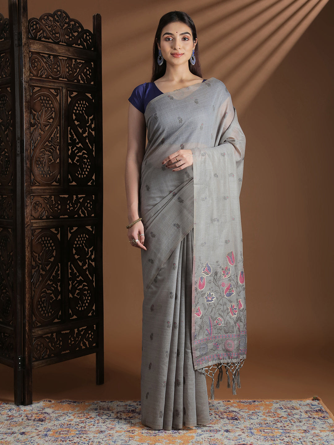 Women Grey Cotton Weaving Saree PCS251