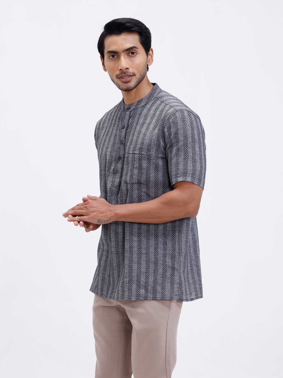 Men Cotton Short Length Self Design Pocket Kurta Mid Grey RK8