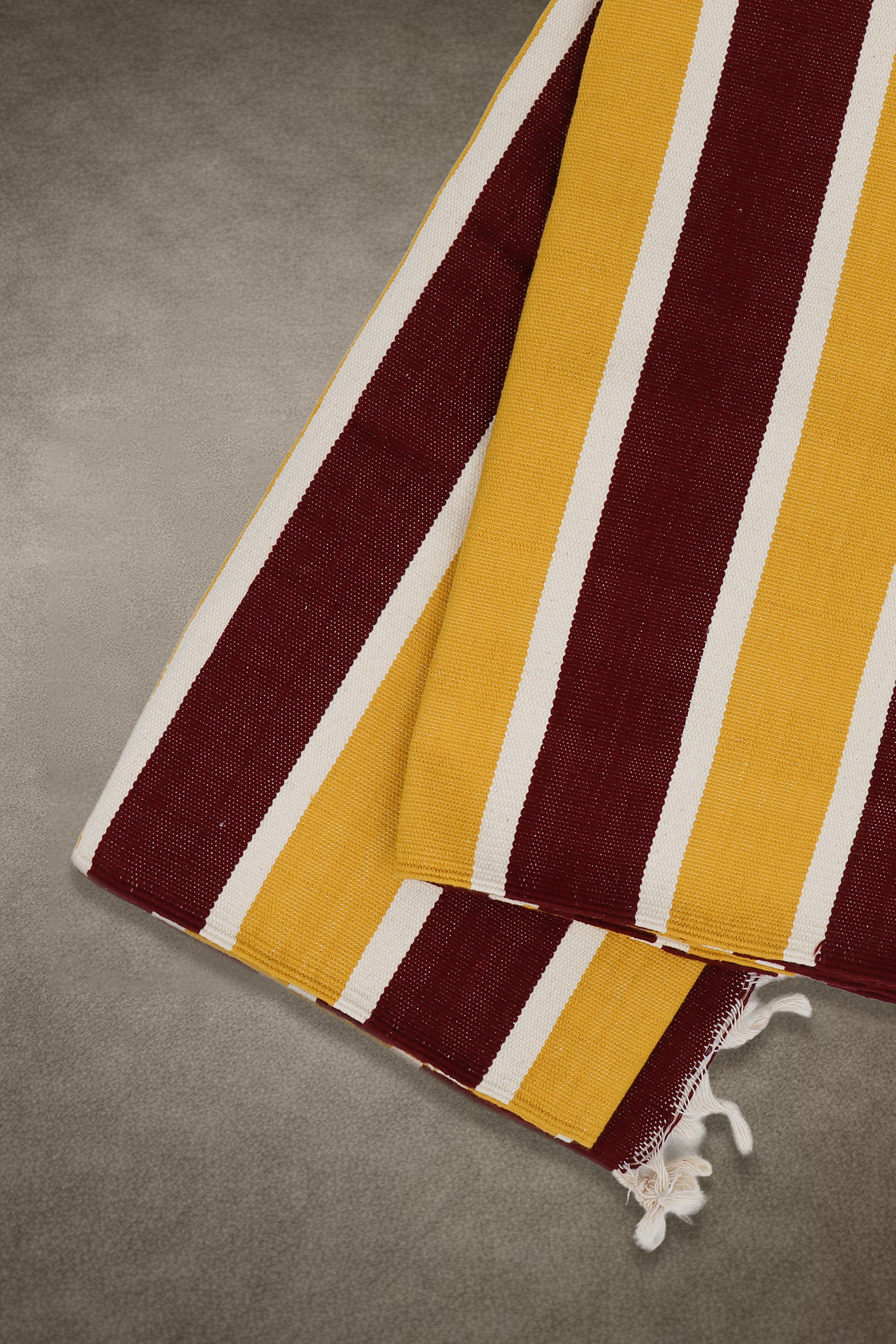 Bhavani Jamakkalam / Handwoven Cotton Carpet Maroon Base with White & Yellow Stripes (3.25 ft × 6.5 ft)