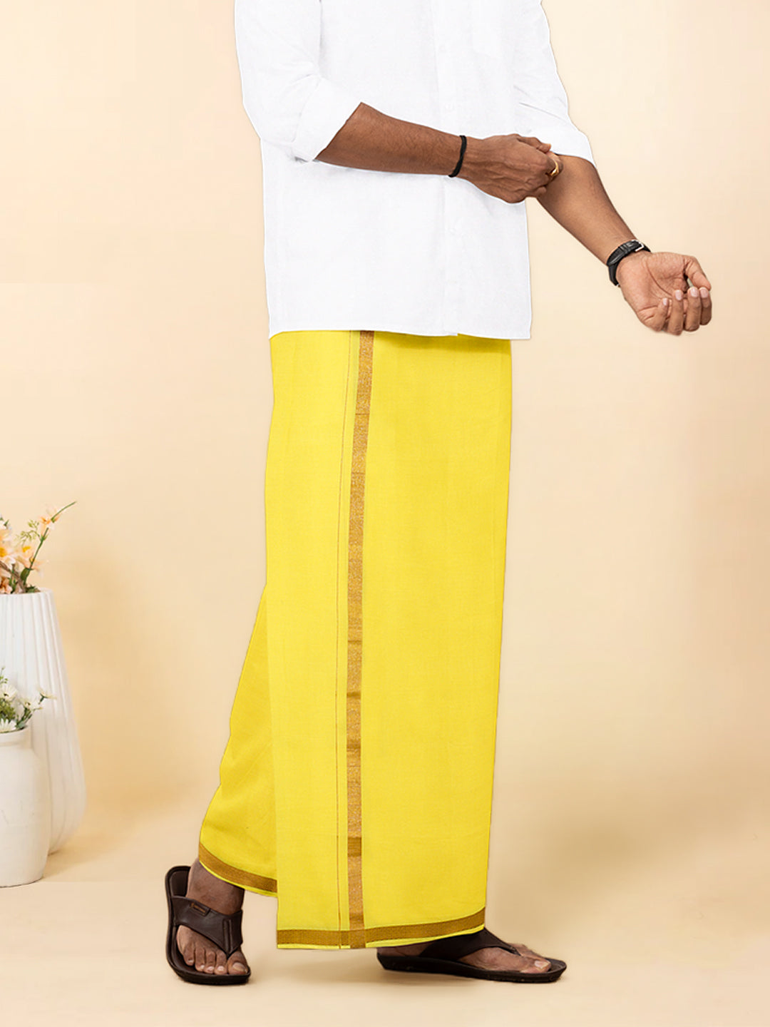 Men Premium Cotton Double Layer Yellow Dhoti & Towel Set with Gold Jari Border