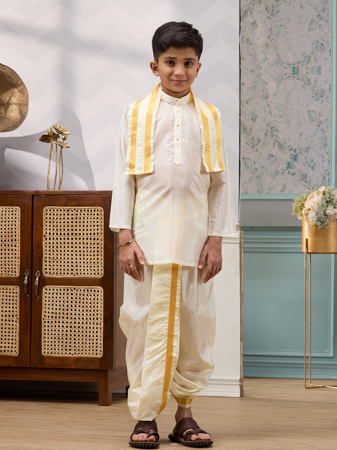 Like Father Like Son Cream Kurta Panchakacham & Towel Set