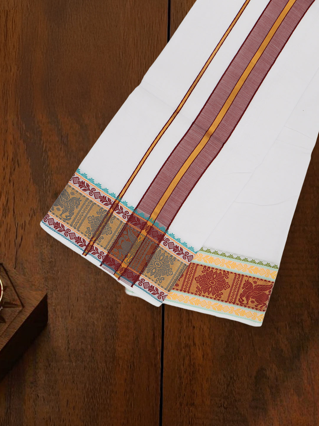 Men Cotton Brown Fancy Border Panchakacham with Angavasthram Vishvadeva (9+5) VD01