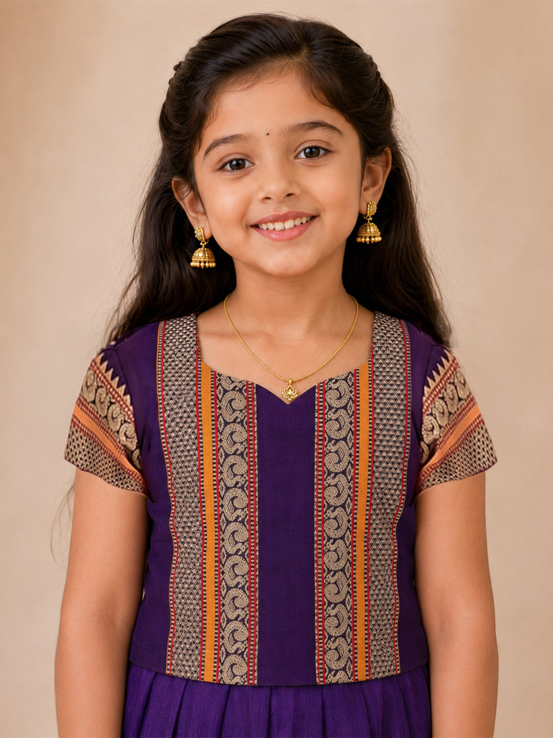 Girls Cotton Purple Pattu Pavadai Set GPS46