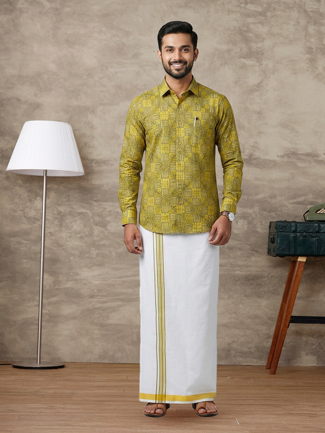 Like Father Like Son Matching Border Dhoti with Printed Shirt Combo Set Lemon Yellow PS29