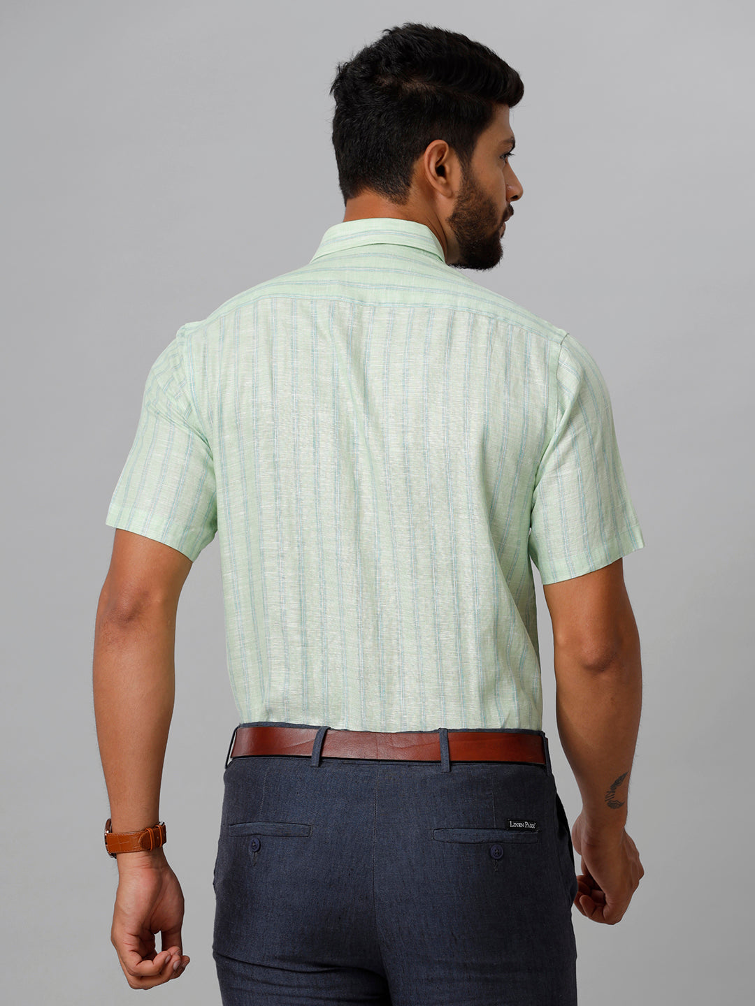 Mens Pure Linen Striped Half Sleeves Pista Green Shirt LS10-Back view