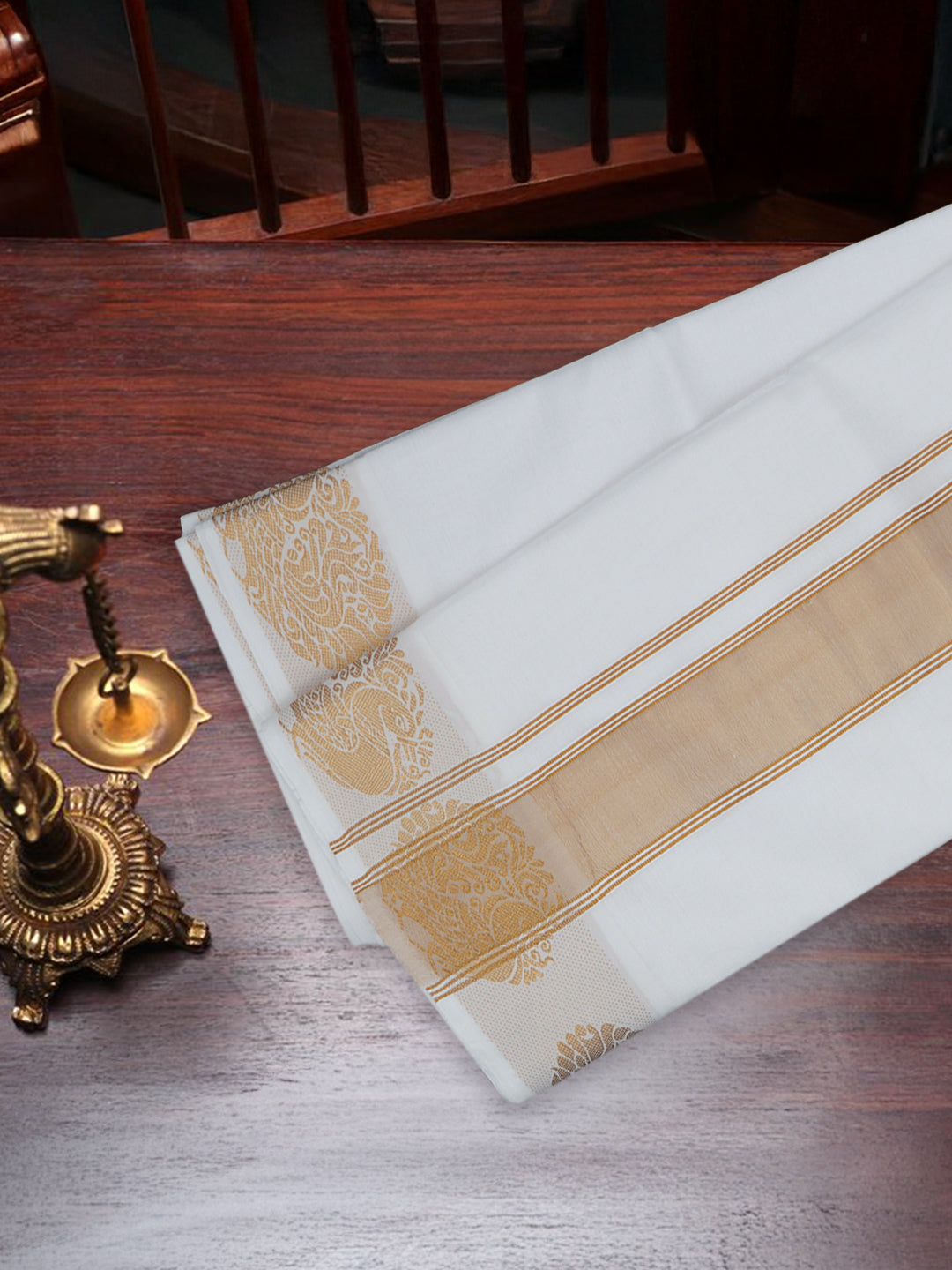 Men White Cotton Gold Fancy Jari Border Panchakacham with Angavasthram (9+5) Pet