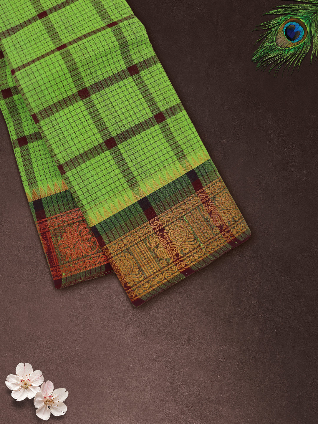 Women Green Checks Pure Chettinad Cotton Saree PCS230