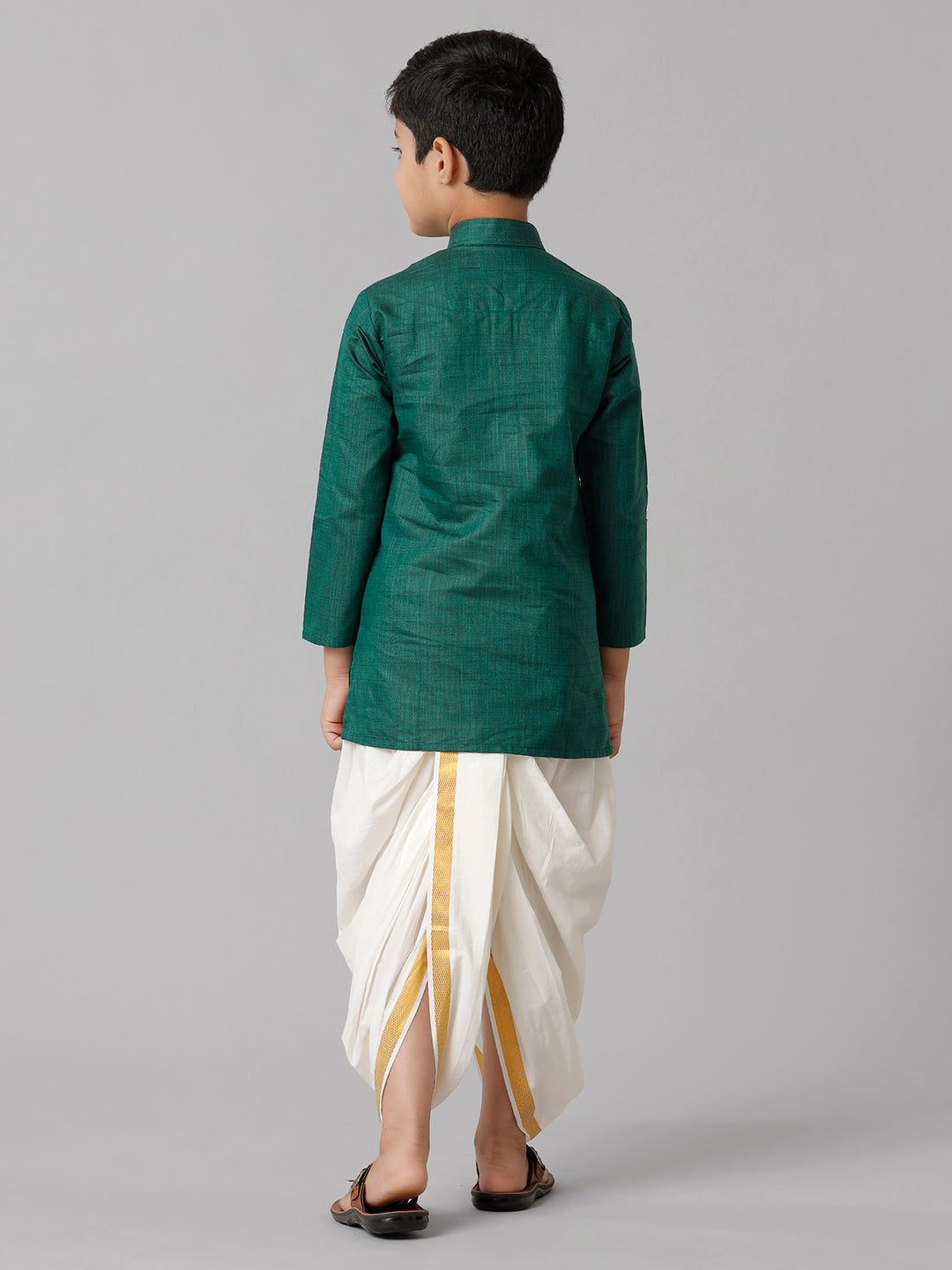 Boys Cotton Dark Green Kurta with Cream Elastic Panchakacham Combo FS5-Back view