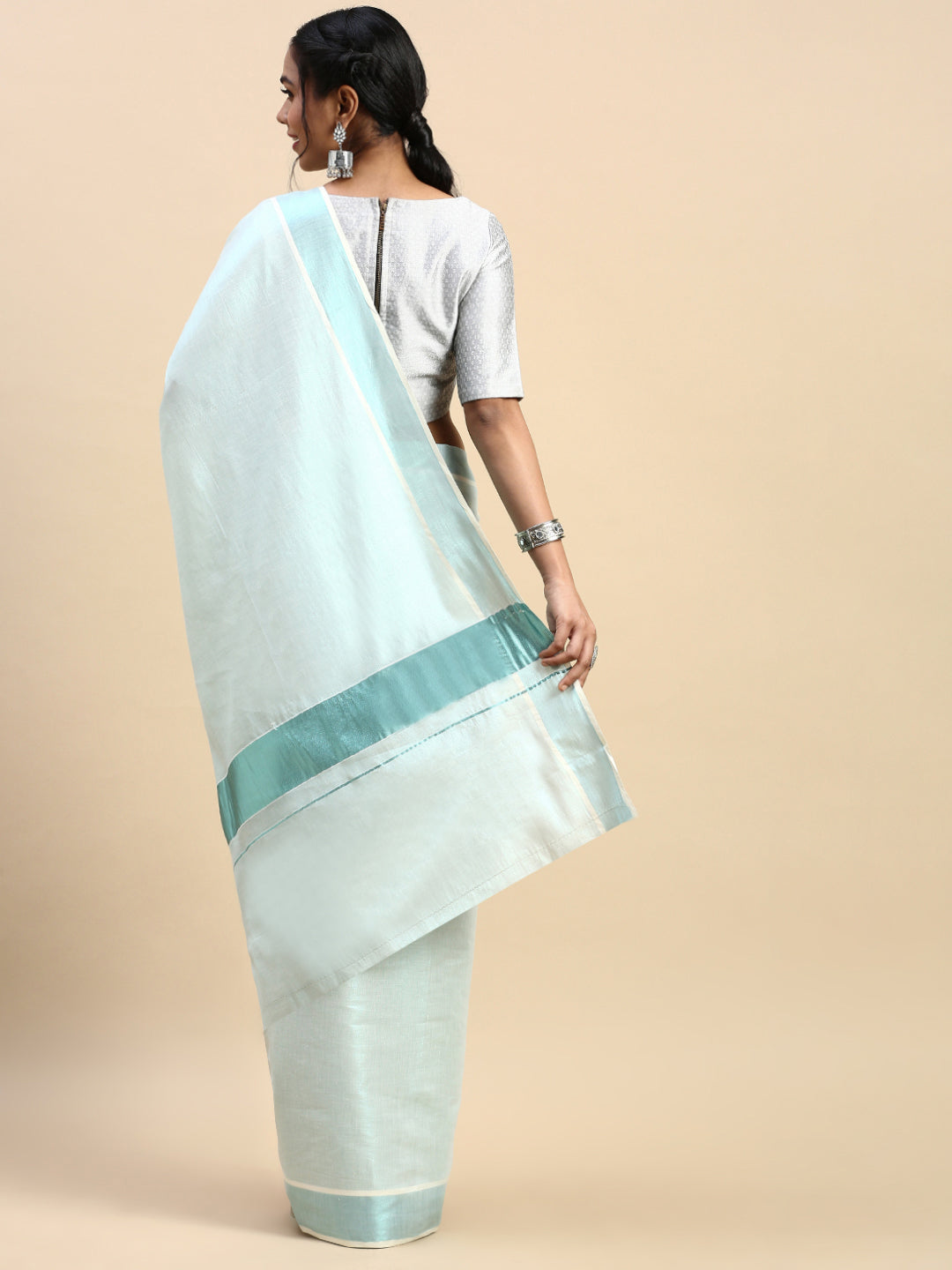 Women Traditional Kerala Tissue Cyan Blue Plain Saree KS217