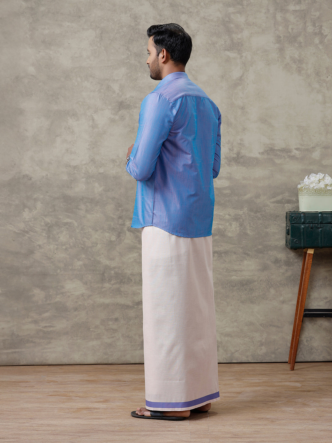 Men Cotton Blend Royal Blue Shirt and Tissue Dhoti Set VB5