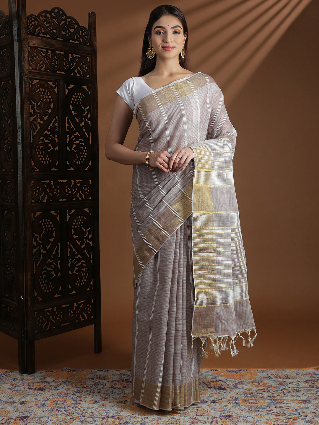 Women Light Brown Striped Cotton Jute Saree CJ12