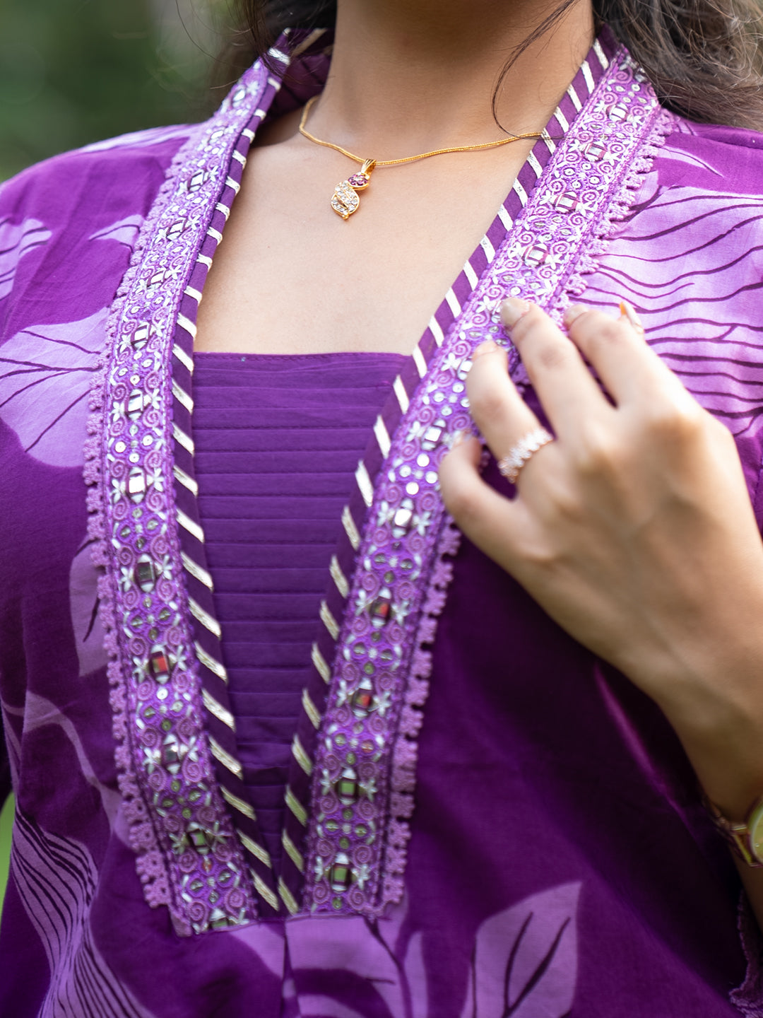 Women Pure Cotton Embroidered Purple Kurti with Pant & Dupatta Set EKS123