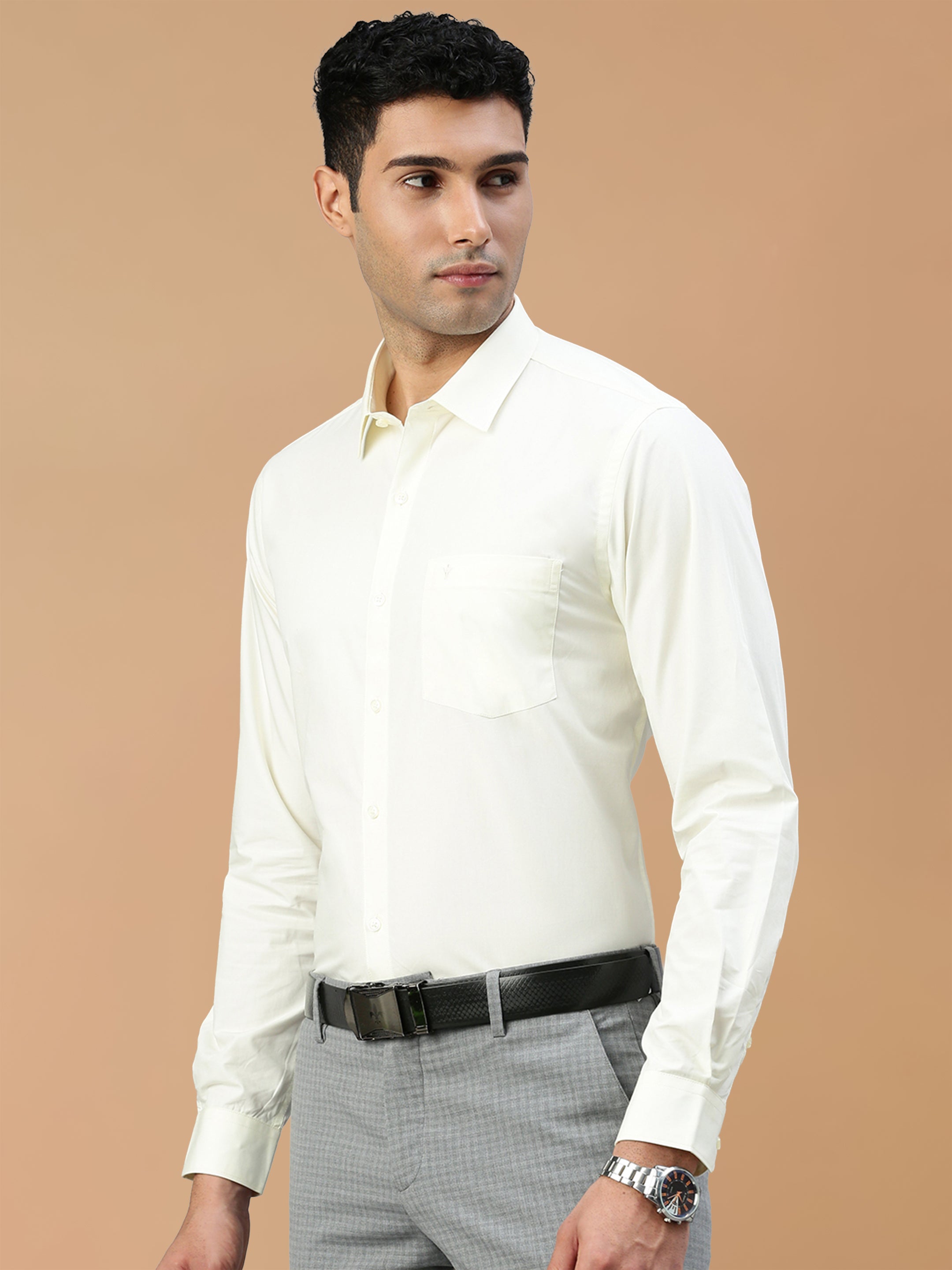 Cotton Rich Cream Regular Fit Shirt Mangalyam