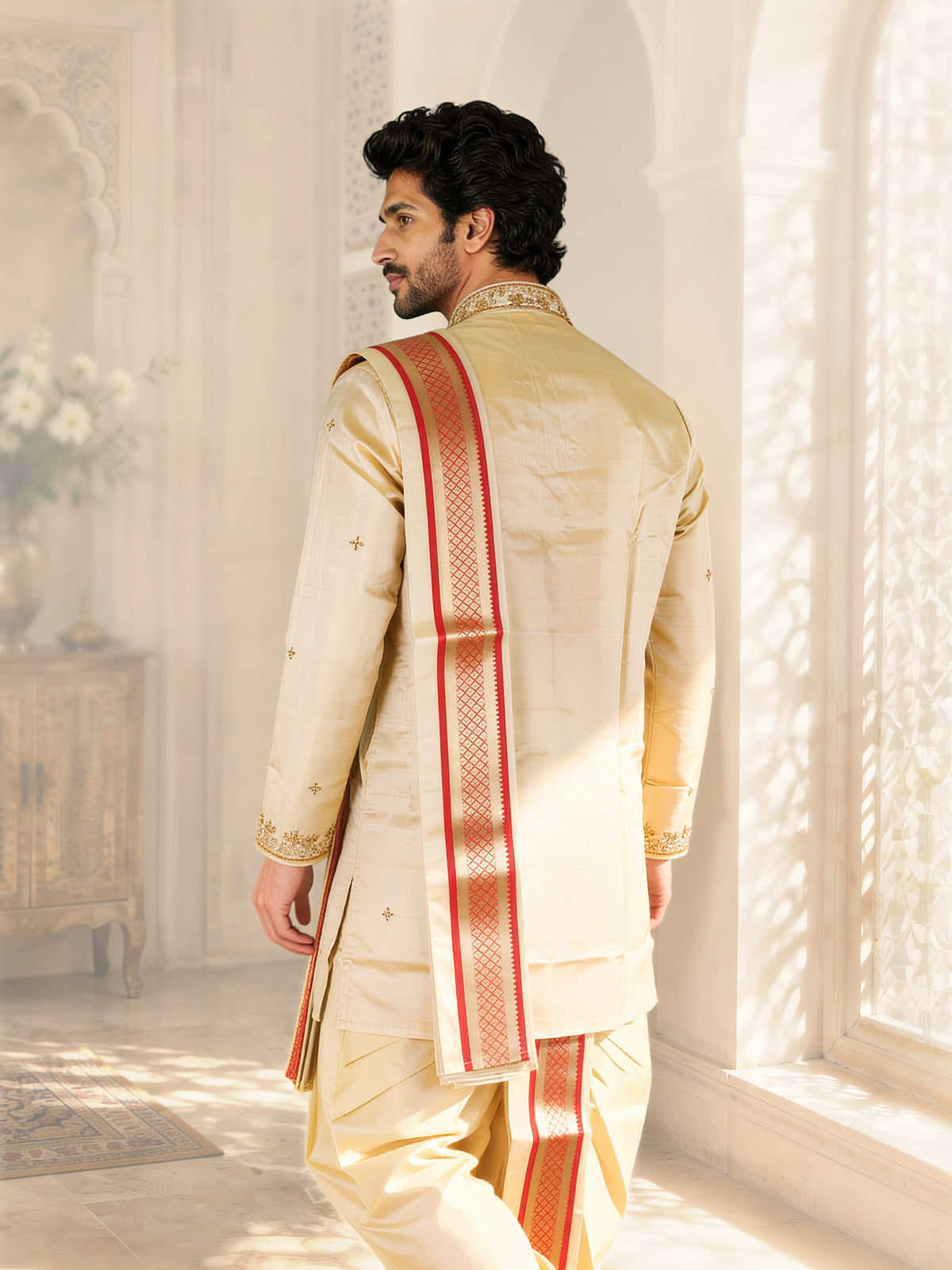 LAGNAA Premium Pure Tussar Silk Hand Embroidered Lotus Motifs Kurta, Panchakacham & Angavastram with Banaras Border| Mangala Varnam