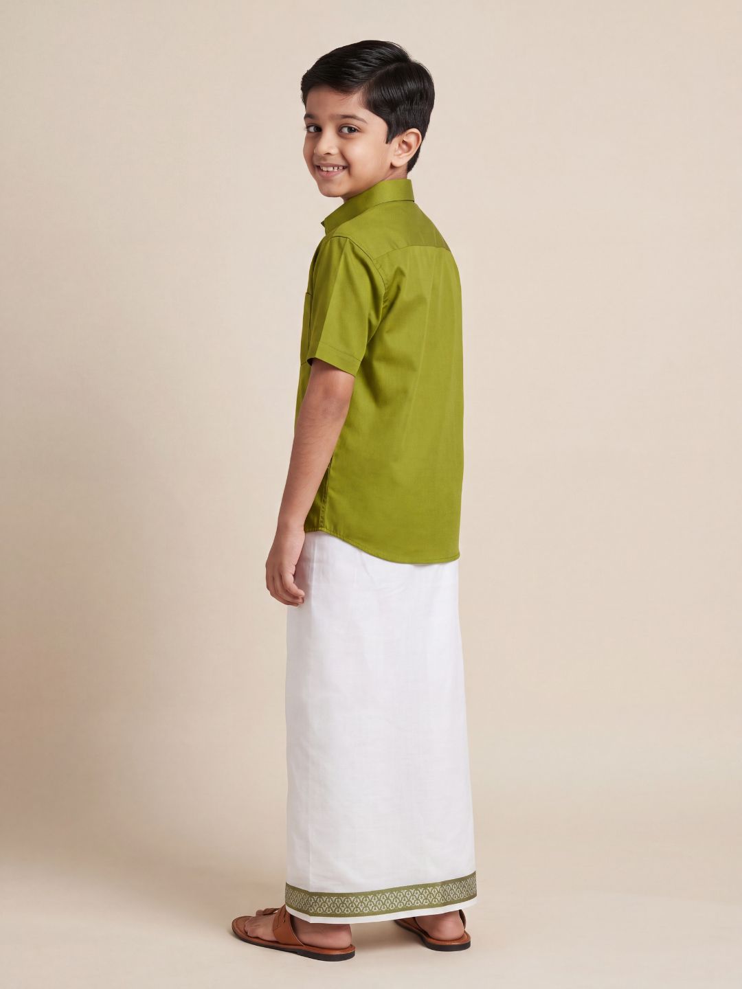 Boys 100% Cotton Pesto Green Shirt and Fancy Border Dhoti Set BT9