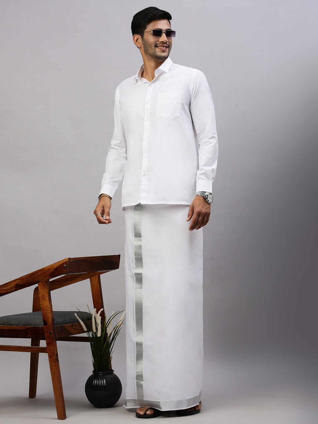 Men 100% Cotton Double Layer White Dhoti with 1 1/2"Jari Border Silver Earth