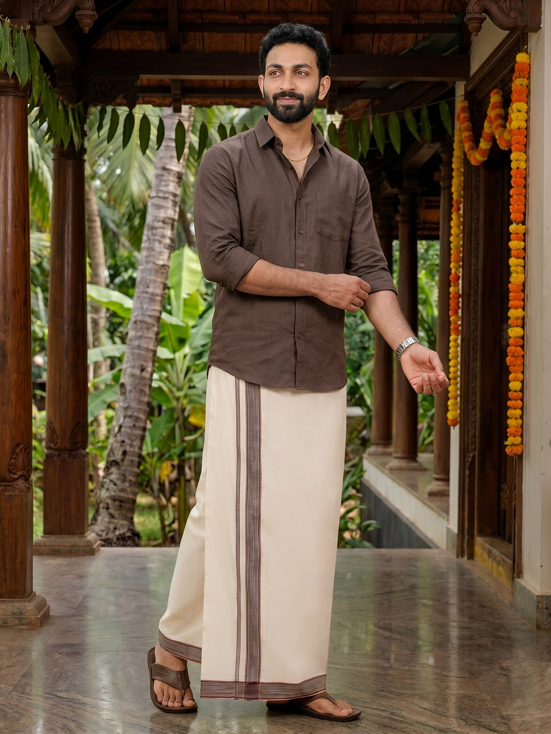 Double Layer 100% Cotton Cream Kora Dhoti with Colour Border -HJFD01