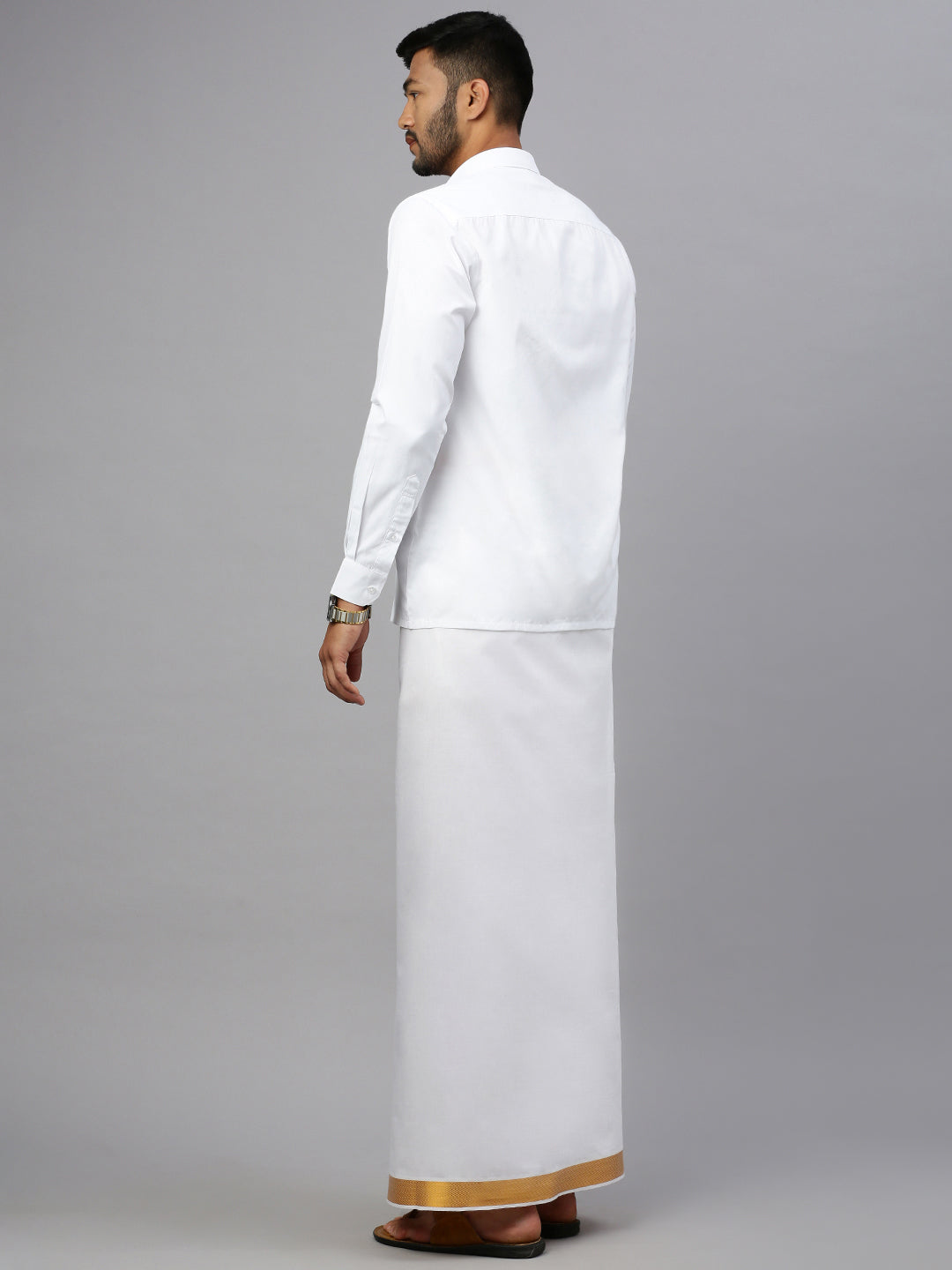 Men White with 1 1/2" inch Gold Jari Border Dhoti Shirting & Towel Set