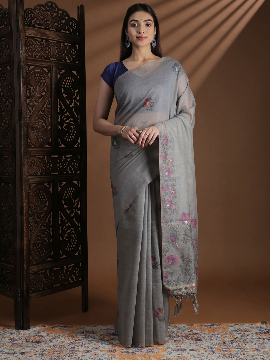 Women Grey Cotton Weaving Saree PCS250