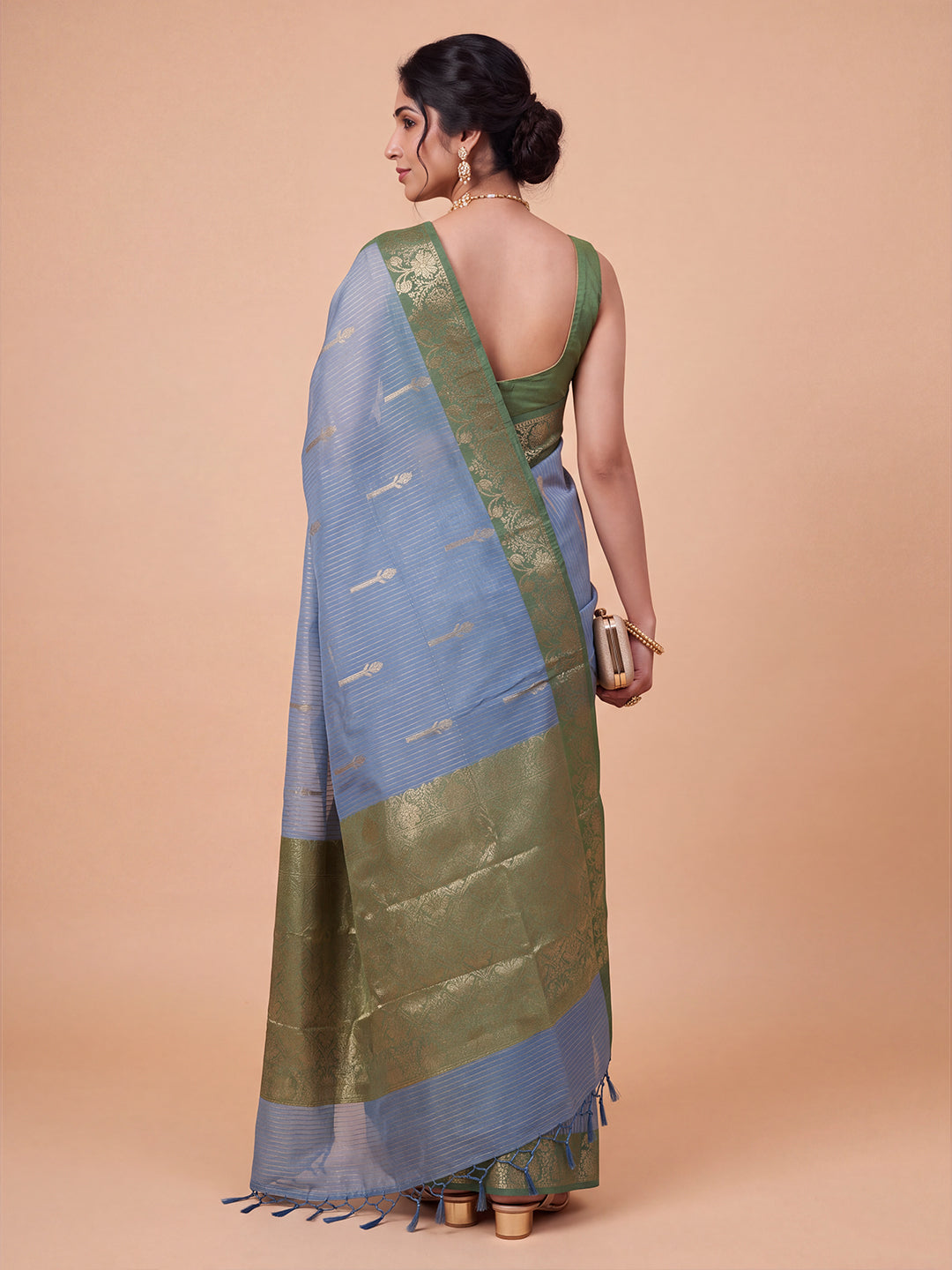 Women Blue with Green Fancy Jaquard Saree FS04