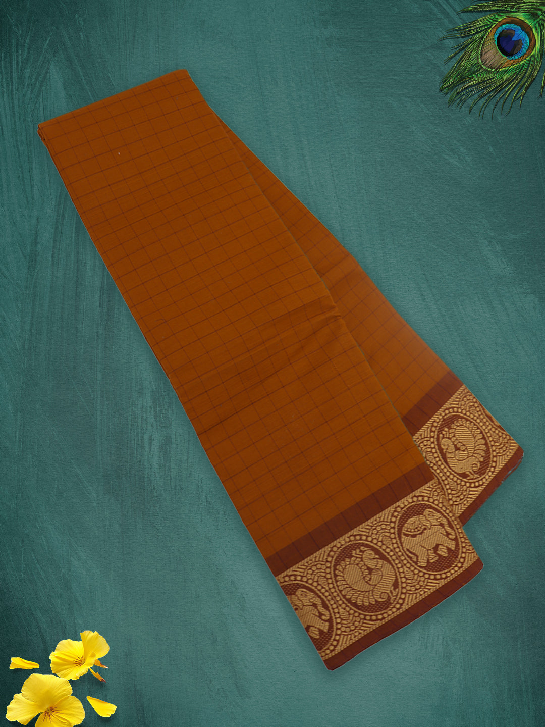 Women Burnt Orange Checks Pure Chettinad Cotton Saree PCS221