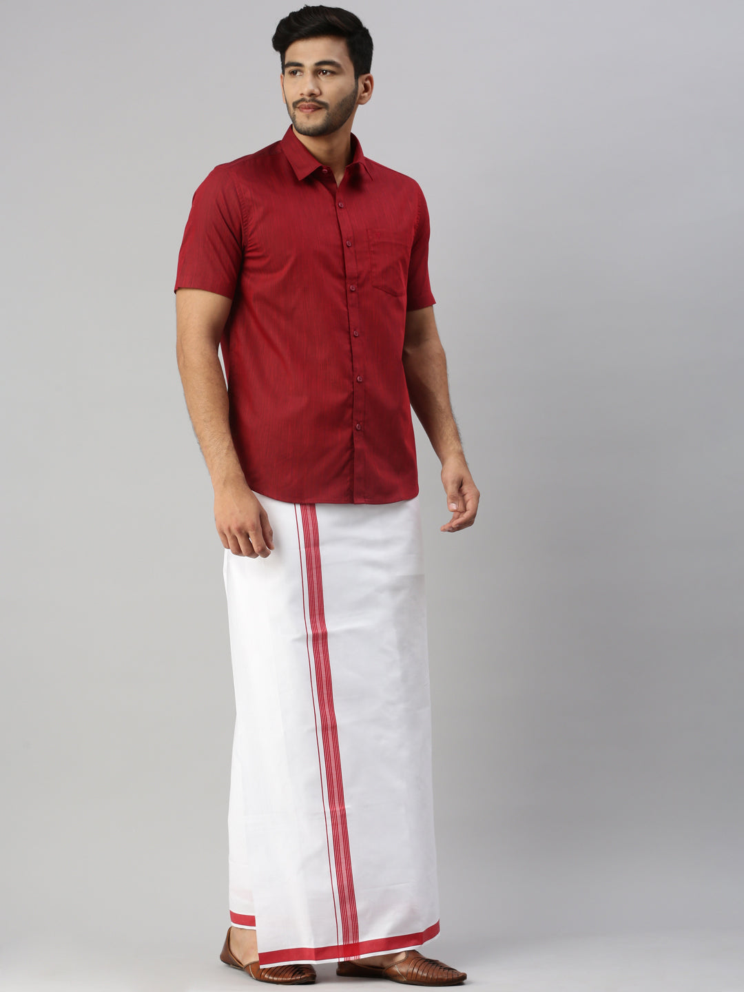 Mens Dark Red Matching Border Dhoti & Half Sleeves Shirt Set Evolution IC9-Side view