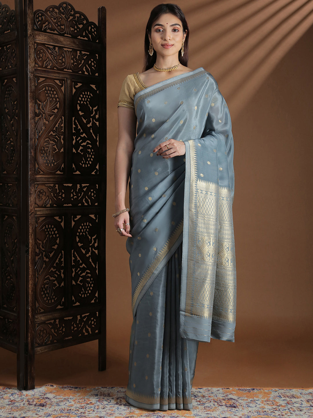 Women Semi Mysore Silk Saree Grey SS402