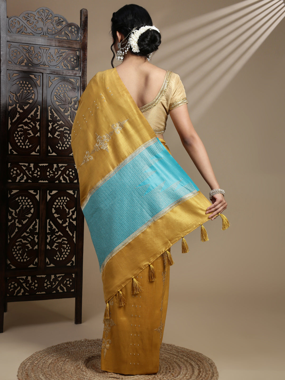 Women Mustard Semi Tussar Embroidered Saree ST315