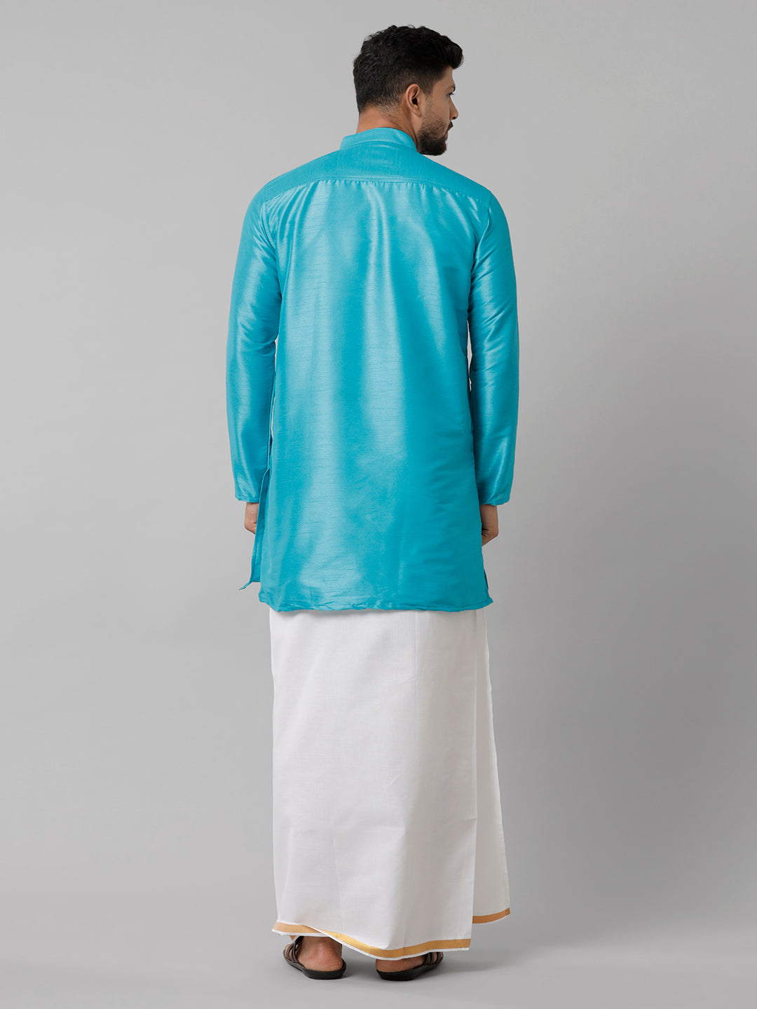 Mens Polyster Sky Blue Medium Length Kurta with White 3/4" Gold Jari Dhoti Combo SL02-Back view