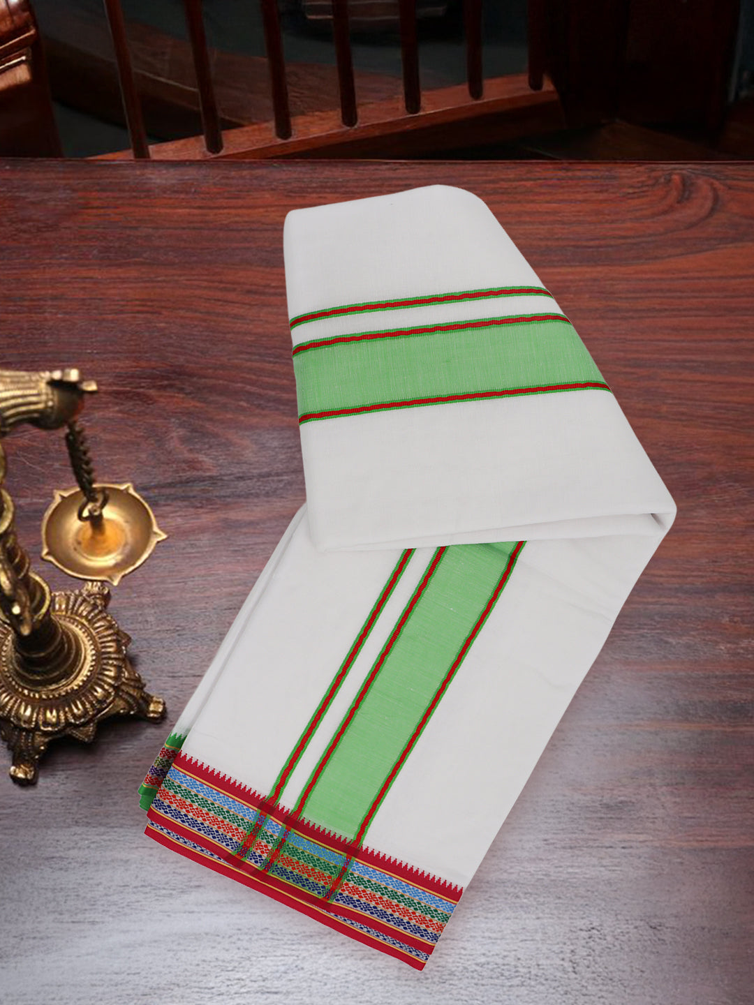 Men Cotton Green Fancy Border Panchakacham with Angavasthram Keerthisena (9+5) KS03