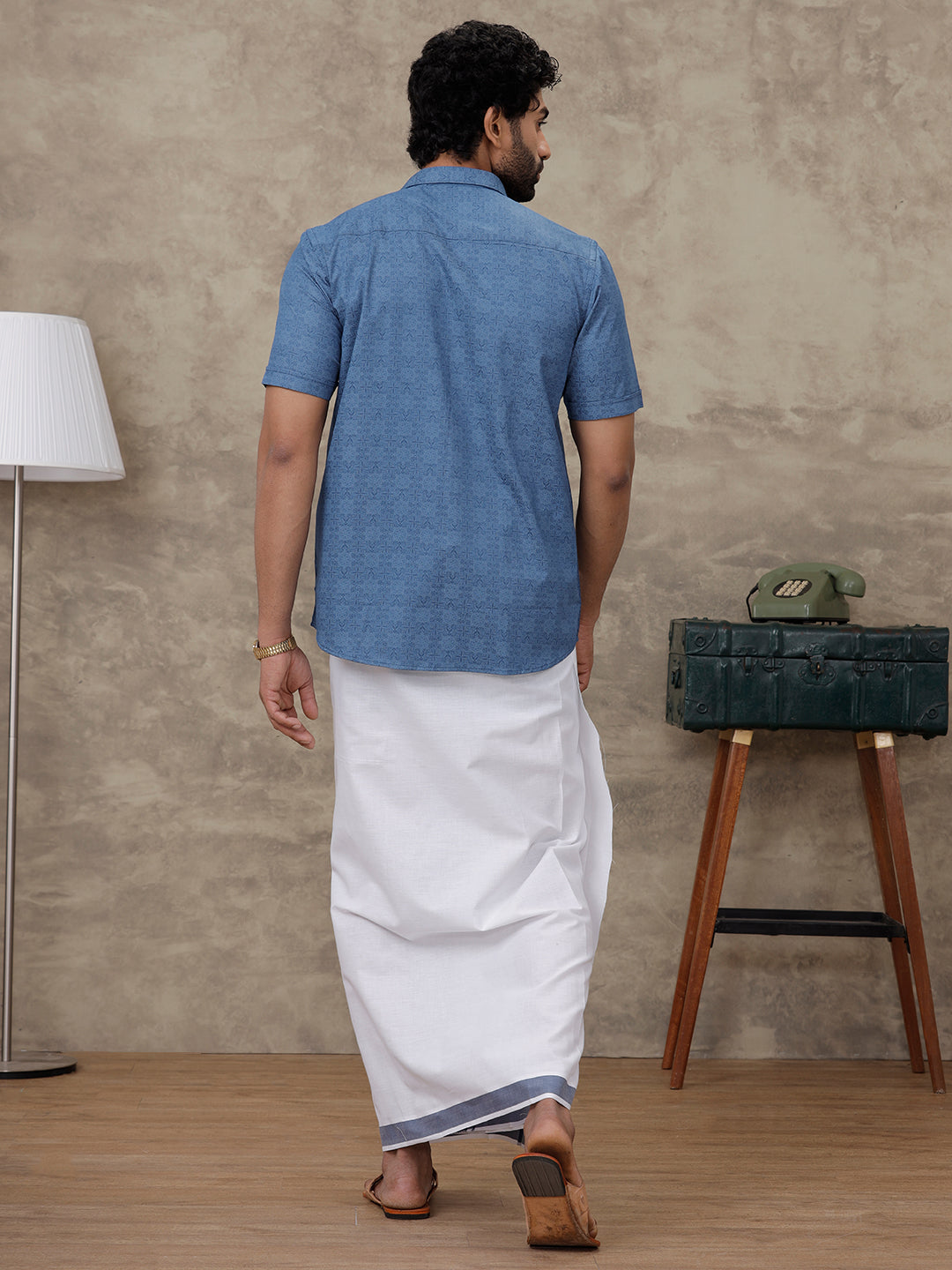 Men Oxford Blue Matching Border Dhoti with Printed Shirt Set Fusion PS7