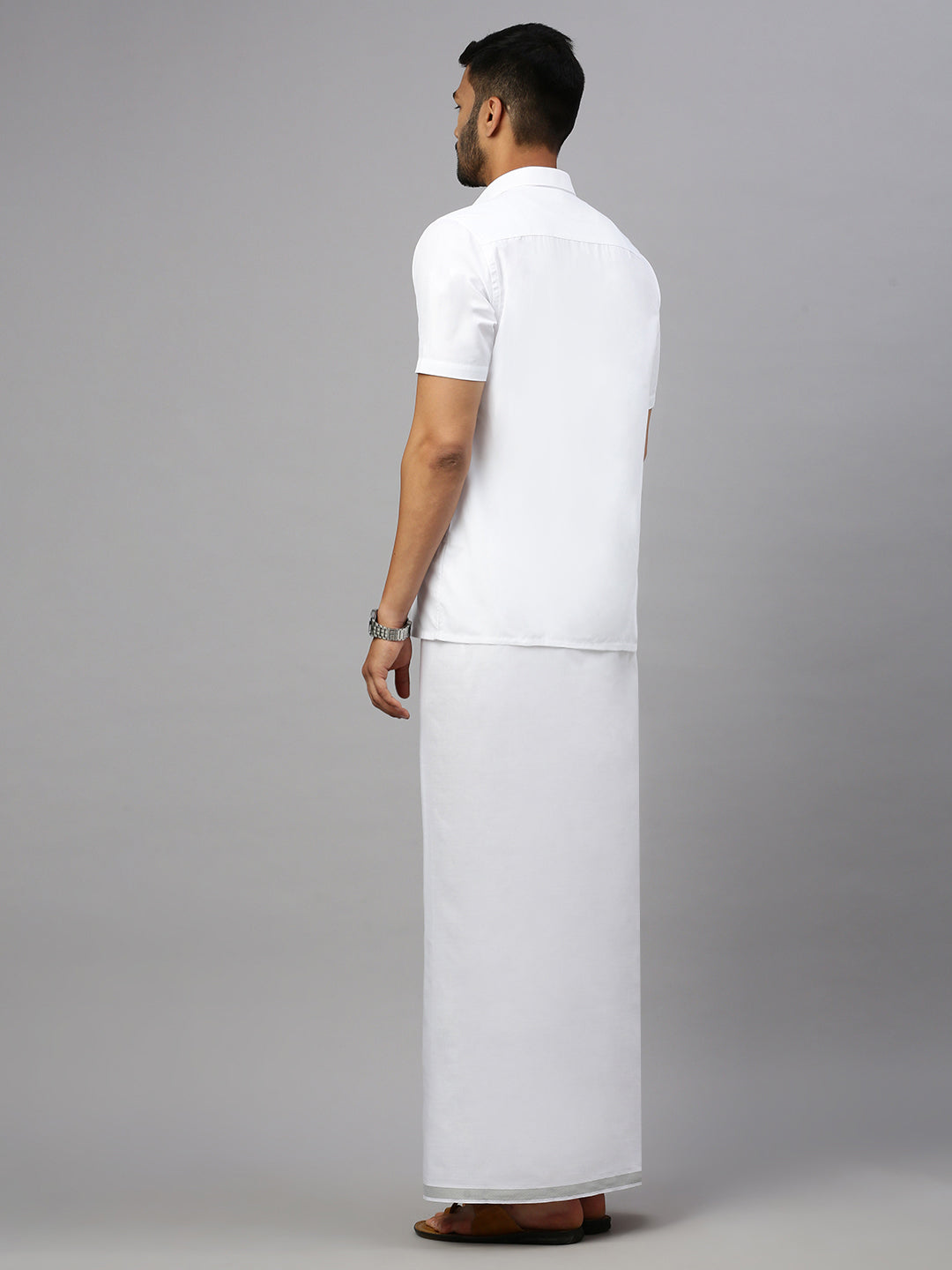 Mens White Double Dhoti with 1 " Silver Jari Border Silver Heart