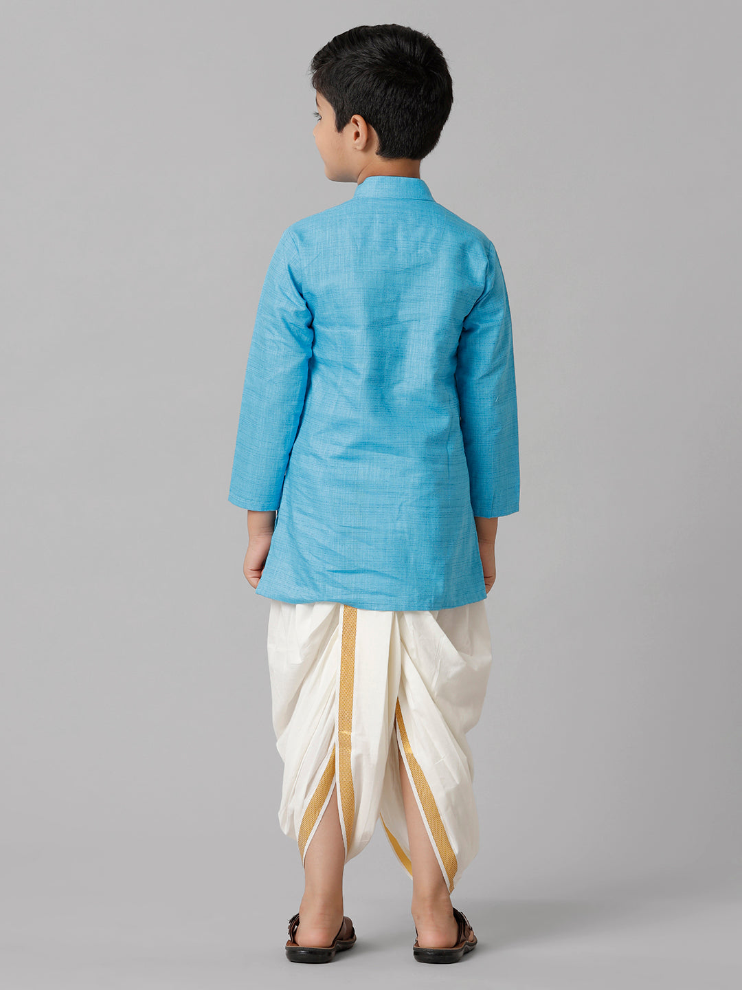 Boys Cotton Sky Blue Kurta with Cream Elastic Panchakacham Combo FS4-Back view