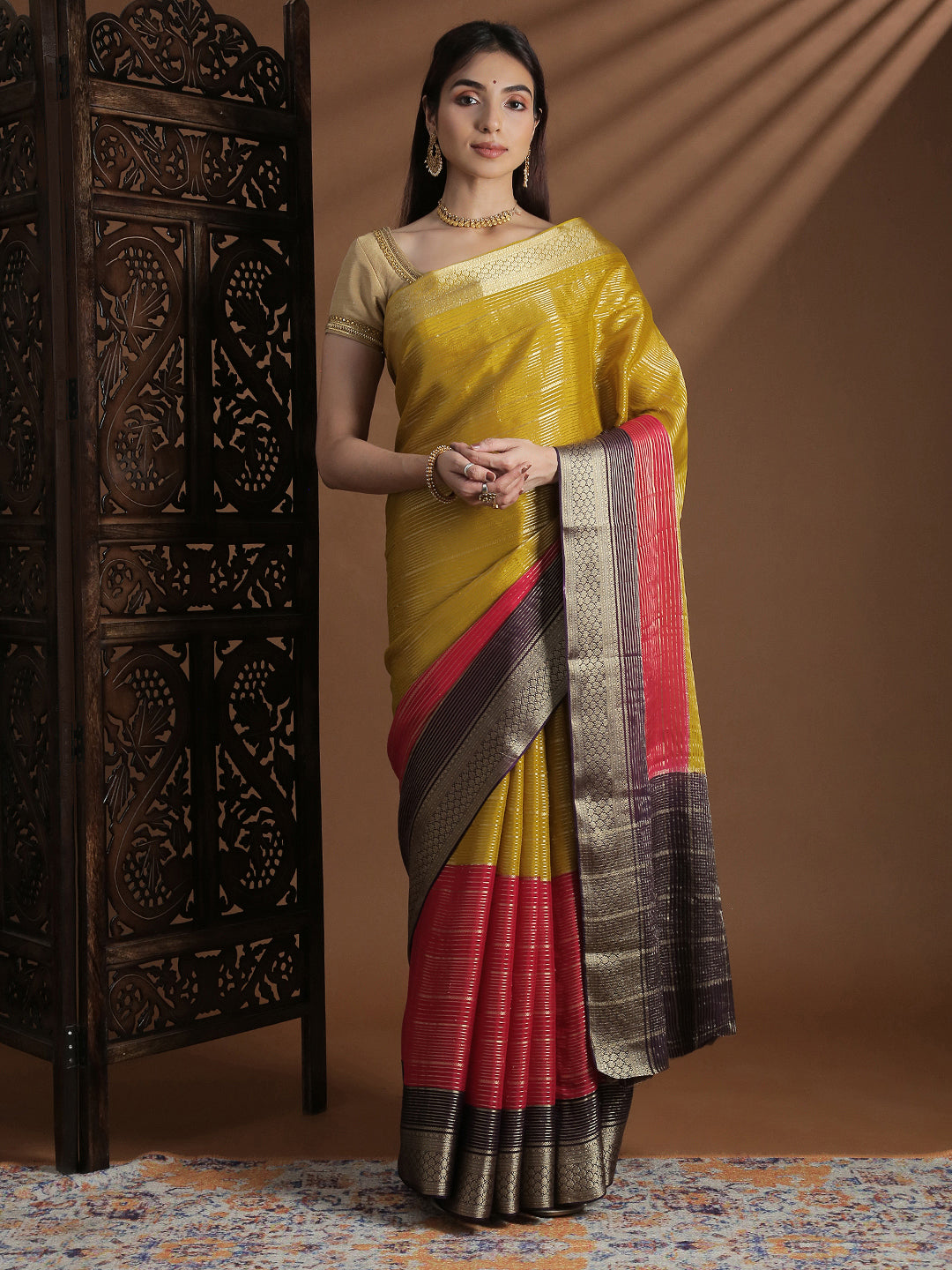 Women Semi Mysore Silk Saree Yellowish Green SS405