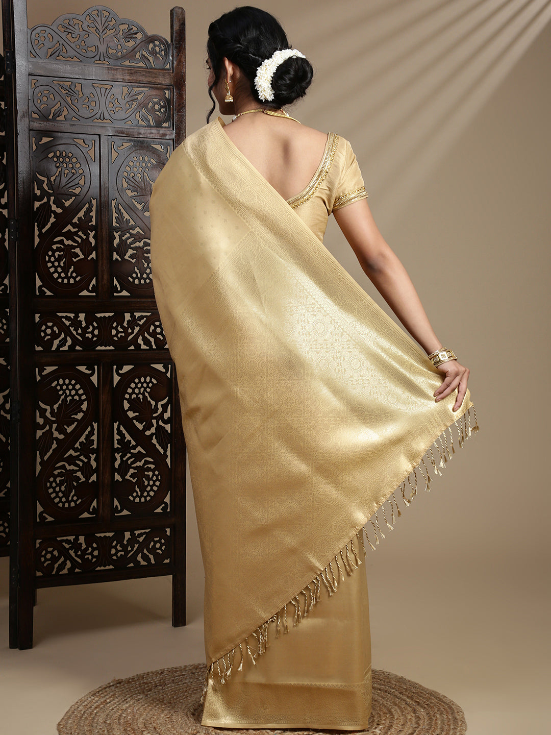 Women Golden Plain Art Silk Saree ASS108