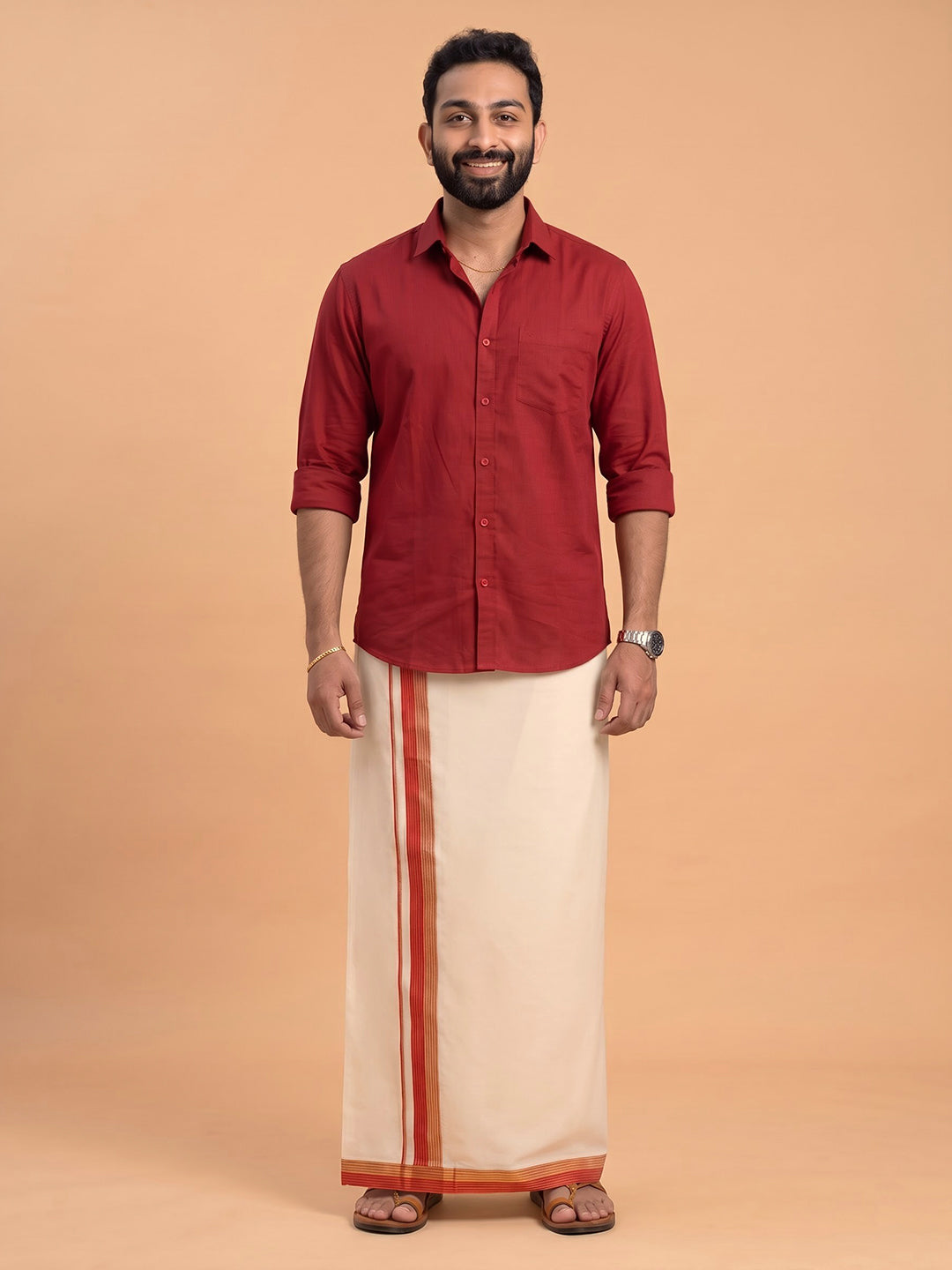 Double Layer 100% Cotton Cream Kora Dhoti with Colour Jari Border - RKF03